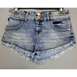 NOBO No Boundaries Jean Shorts Womens Juniors 7 Blue Stone Wash Frayed Pockets